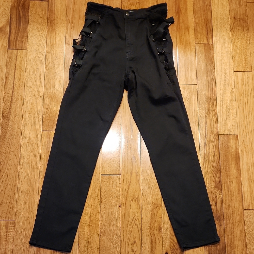 Fashion Nova Black Jeans with Net Sides Straps Accents Size 13